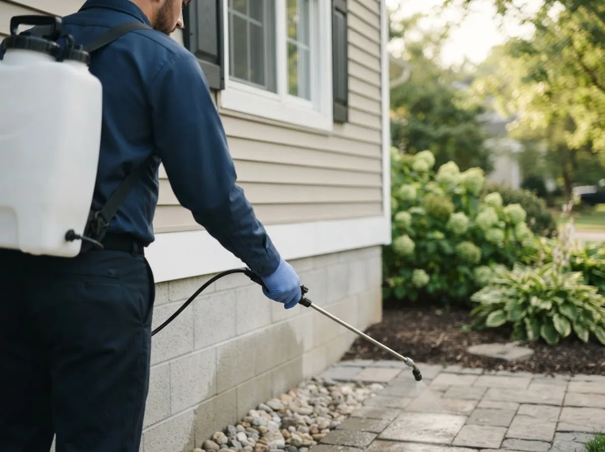 Pest control technician inspecting a home in Reidville, SC